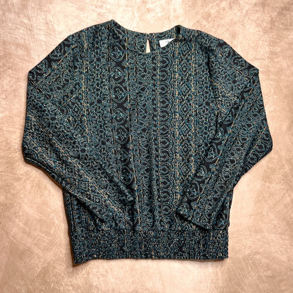 Vintage 80s Frejani Geometric Paisley Metallic Sweater Lightweight Multicolor